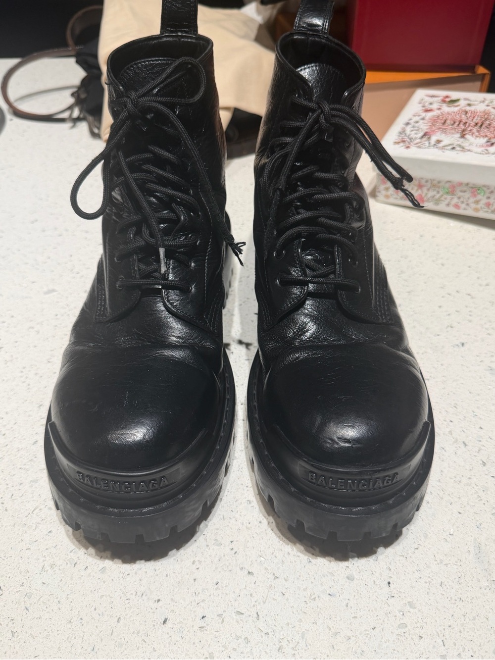 Balenciaga Black Leather Lace-Up Chunky Platform Combat Boots